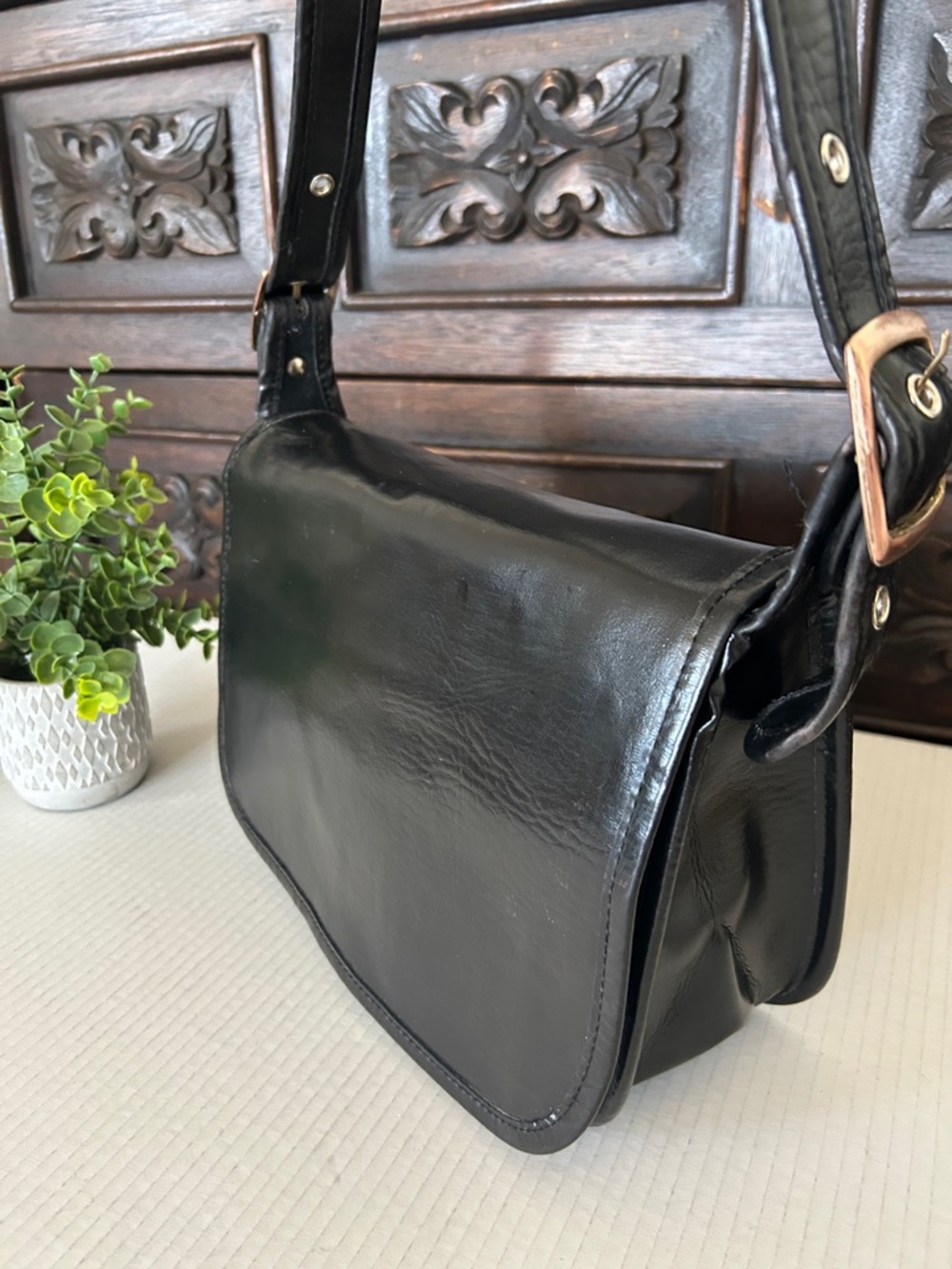 Black Leather Shoulder Bag with Adjustable Strap
